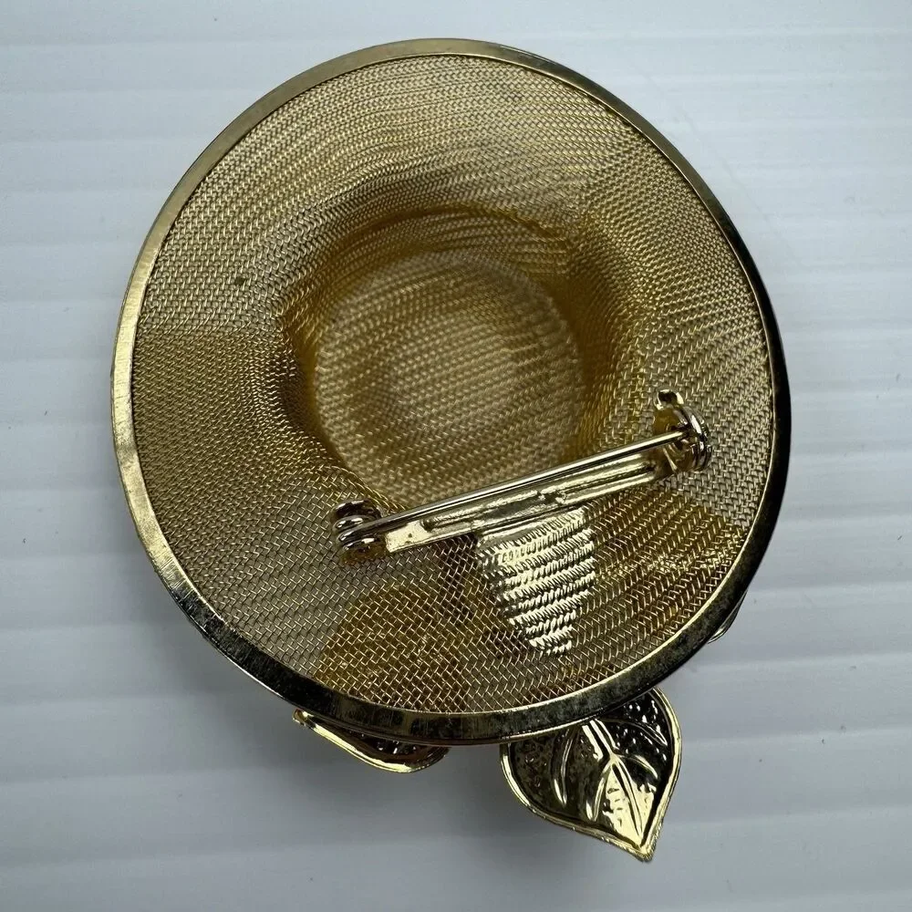 Vintage Gold Tone Mesh Hat Brooch Pin Floral Leaves Statement Retro